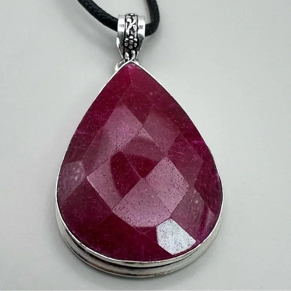 New Faceted Enhanced Ruby Stone Silver Overlay Pendant with Cord - Picture 5 of 5